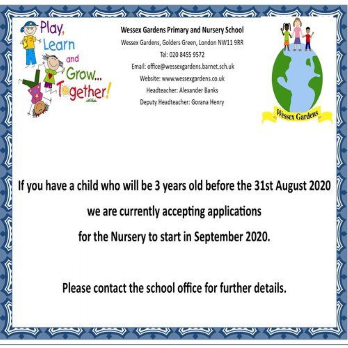 Wessex Gardens Primary & Nursery School Nursery Applications Sept 2020